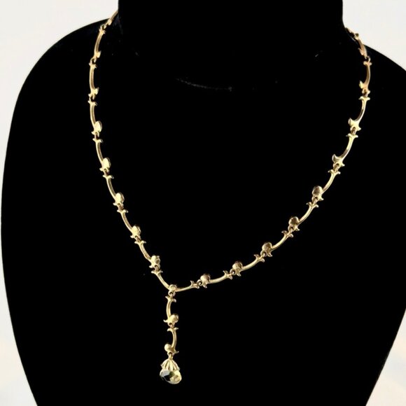 Vintage Gold and Vine, Y Necklance, Birolette Glass and Rhinestones, Pendant - Picture 6 of 14